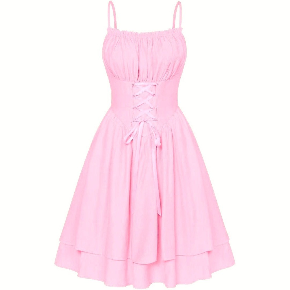 Scarlett Darkness Pink Corset Lace Up Dress Smocked Back Neck Sleeveless‎ Pastel